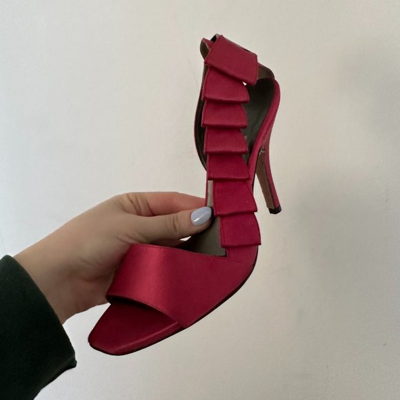 Salvatore Ferragamo High Heel Sandals Side Ruffle Slingback Red Satin - Picture 1 of 5